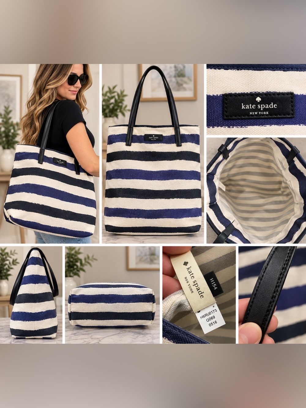 Kate Spade New York Navy Black & Cream Striped Canvas Tote Bag